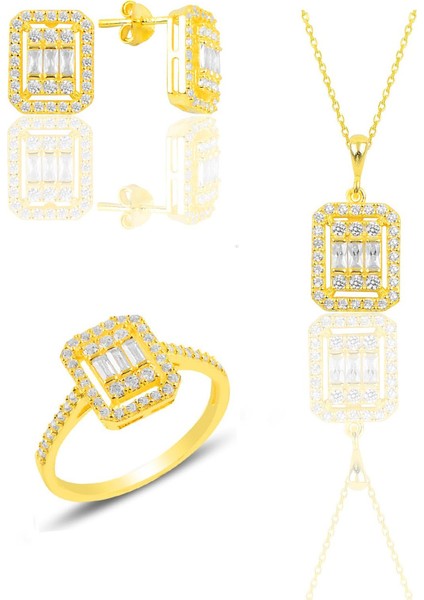 Gümüş Altın Yaldızlı Baget Kesim Zirkon Taşlı Çizgili Üçlü Set