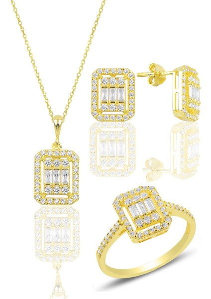 Gümüş Altın Yaldızlı Baget Kesim Zirkon Taşlı Çizgili Üçlü Set fiyatları