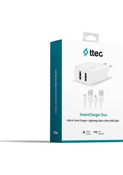 2SCS21DB Ttec Smartcharger Duo 2.4A Seyahat Sarj Aleti Cift Usb+ Lightning ve Micro USB Kablo Beyaz