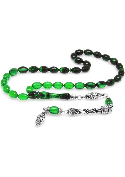 Kararmaz Metal Halat Püsküllü Arpa Kesim Süzme Yeşil-Siyah Ateş Kehribar Tesbih