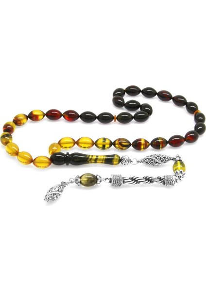 Kararmaz Metal Halat Püsküllü Arpa Kesim Süzme Bala-Siyah Ateş Kehribar Tesbih