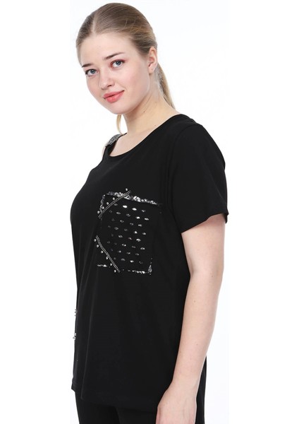 Mia Butik Büyük Beden Siyah Omuz Detaylı Tshirt