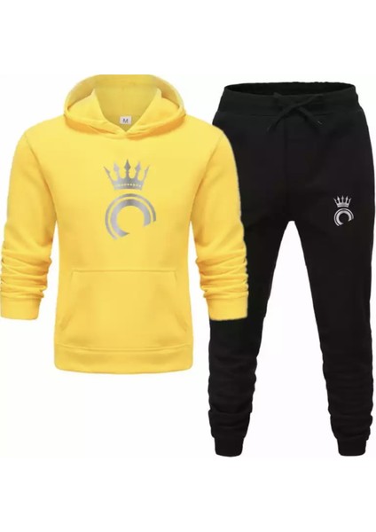 Büyük Beden Kapüşonlu Kral Taç Baskılı Pamuk Oversize Yeni Trend Erkek Eşofman Takımı