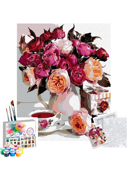 Sayılarla Boyama Seti 40 x 50 cm Tuval Şasesine Gerili Pembe Kamelyalar