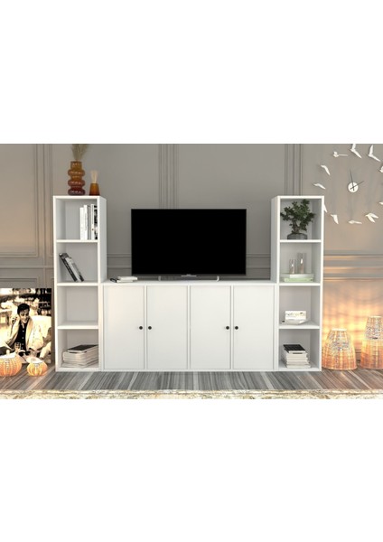 Rafli Kitaplikli Tv Ünitesi Beyaz 197 cm TVT-1105-Ç