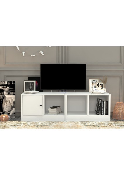 Rafli Kitaplikli Tv Ünitesi Beyaz 130 cm TVT-1002-Ç