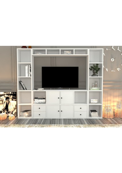 Rafli Çekmeceli Tv Ünitesi Beyaz 197 cm TVT-1112-Ç