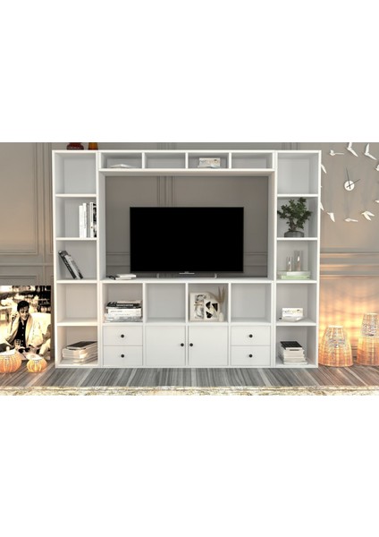Rafli Çekmeceli Tv Ünitesi Beyaz 197 cm TVT-1113-Ç