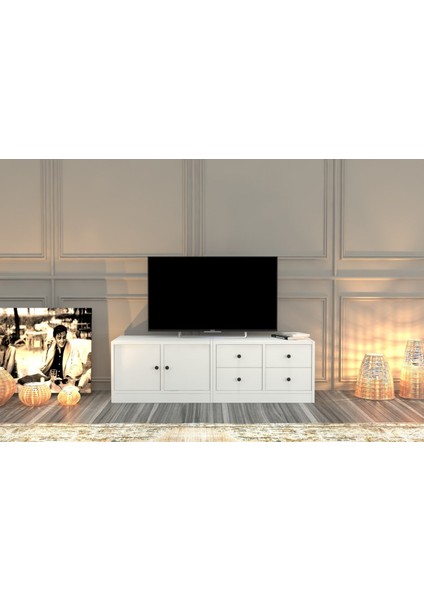 Dolapli Çekmeceli Tv Ünitesi Beyaz 130 cm TVT-1013-Ç