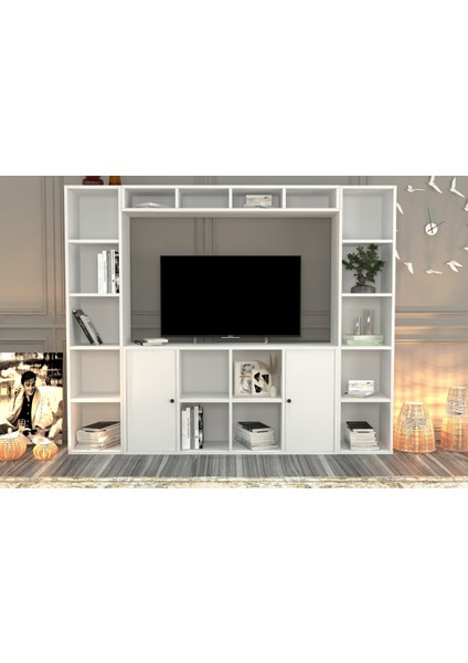Rafli Kitaplikli Tv Ünitesi Beyaz 197 cm TVT-1117-Ç