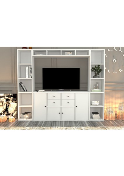 Dolapli Çekmeceli Tv Ünitesi Beyaz 197 cm TVT-1120-Ç