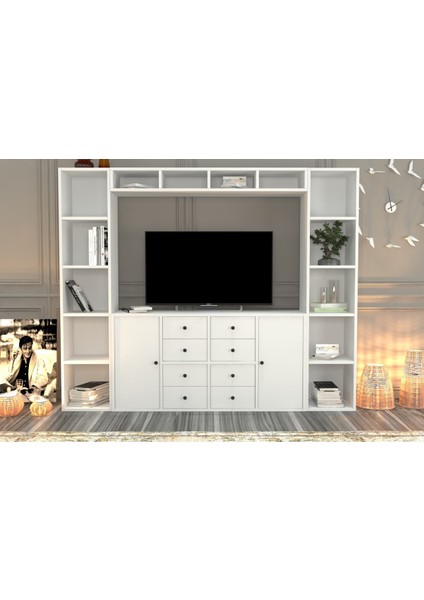 Dolapli Çekmeceli Tv Ünitesi Beyaz 197 cm TVT-1121-Ç