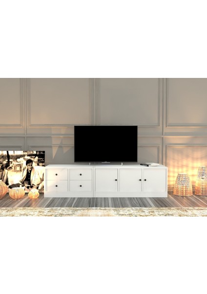Dolapli Çekmeceli Tv Ünitesi Beyaz 163 cm TVT-1027-Ç
