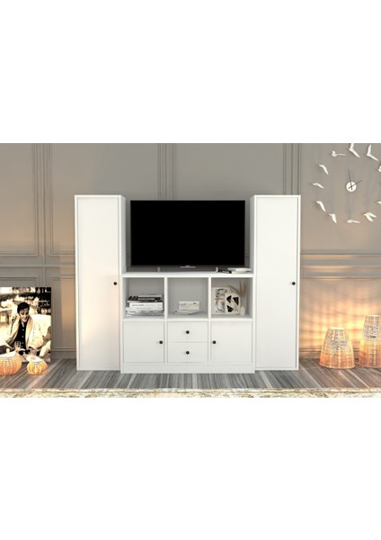 Dolapli Çekmeceli Tv Ünitesi Beyaz 165 cm TVT-1134-Ç