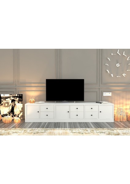 Dolapli Çekmeceli Tv Ünitesi Beyaz 195 cm TVT-1037-Ç