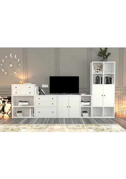 Kitaplikli Büyük Tv Ünitesi Beyaz 300 cm TVT-1050-Ç