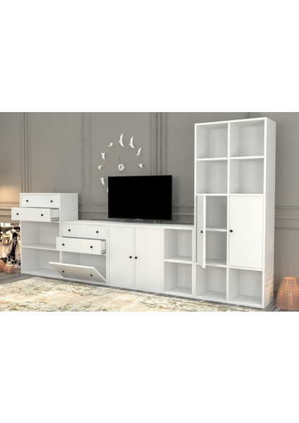 Kitaplikli Büyük Tv Ünitesi Beyaz 300 cm TVT-1050-Ç modelleri