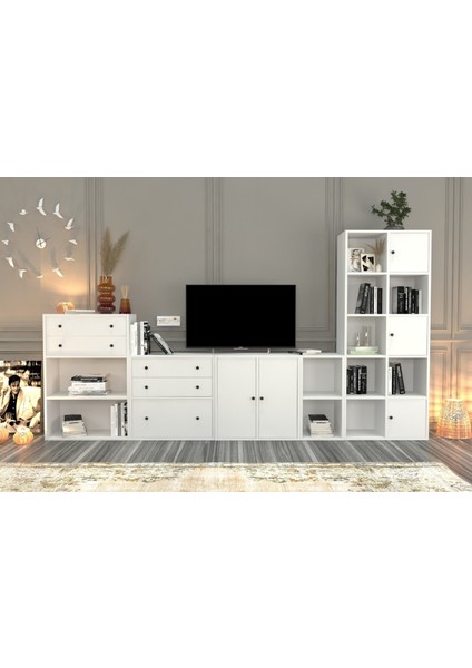 Kitaplikli Büyük Tv Ünitesi Beyaz 300 cm TVT-1062-Ç