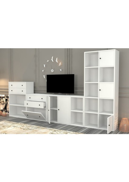 Kitaplikli Büyük Tv Ünitesi Beyaz 300 cm TVT-1062-Ç modelleri