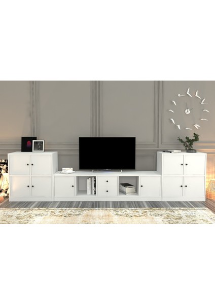 Dolapli Çekmeceli Tv Ünitesi Beyaz 290 cm TVT-1186-Ç