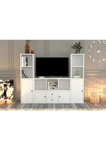 Rafli Çekmeceli Tv Ünitesi Beyaz 165 cm TVT-1077-Ç