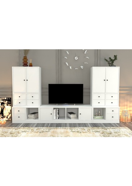 Dolapli Çekmeceli Tv Ünitesi Beyaz 260 cm TVT-1197-Ç