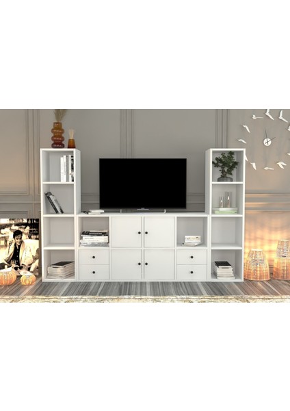 Rafli Çekmeceli Tv Ünitesi Beyaz 197 cm TVT-1099-Ç