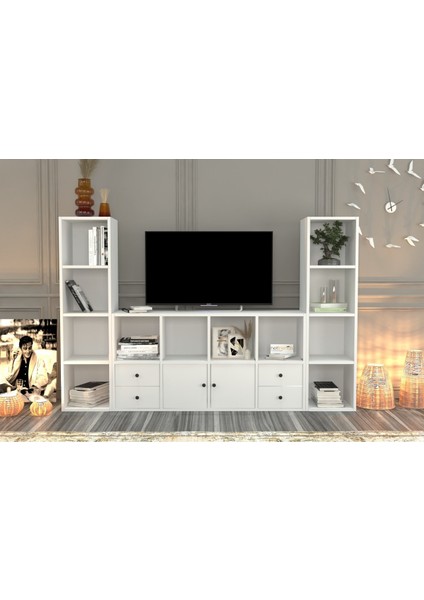Rafli Çekmeceli Tv Ünitesi Beyaz 197 cm TVT-1100-Ç