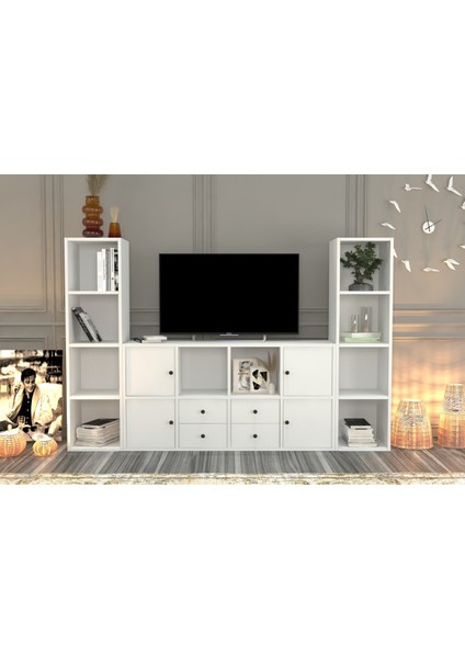 Rafli Çekmeceli Tv Ünitesi Beyaz 197 cm TVT-1102-Ç