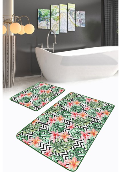 Siyah Zigzag Zemin Tropik Yaprak Gül Motifli 2'li Kaymaz Tabanlı Banyo & Mutfak Paspas Takımı