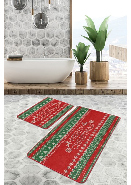 Mery Christmas Yılbaşı Temalı Özel Tasarım 2'li Kaymaz Tabanlı Banyo & Mutfak Paspas Takımı
