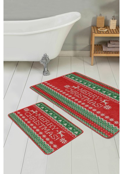 Mery Christmas Yılbaşı Temalı Özel Tasarım 2'li Kaymaz Tabanlı Banyo & Mutfak Paspas Takımı fiyatları