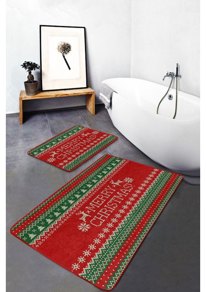 Mery Christmas Yılbaşı Temalı Özel Tasarım 2'li Kaymaz Tabanlı Banyo & Mutfak Paspas Takımı modelleri