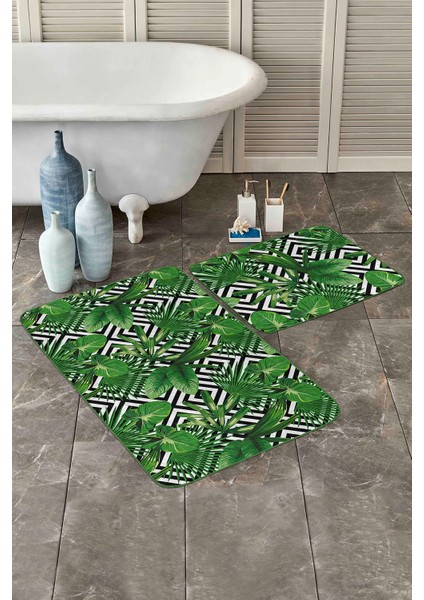 Geometrik Zemin 3D Yaprak Tasarımlı 2'li Kaymaz Tabanlı Banyo & Mutfak Paspas Takımı