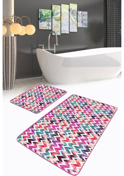 Renkli Tropik Yaprak Zigzag Motifli 2'li Kaymaz Tabanlı Banyo & Mutfak Paspas Takımı