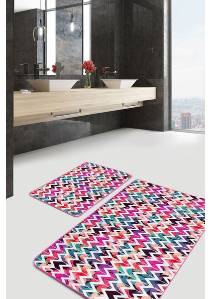 Renkli Tropik Yaprak Zigzag Motifli 2'li Kaymaz Tabanlı Banyo & Mutfak Paspas Takımı fiyatları