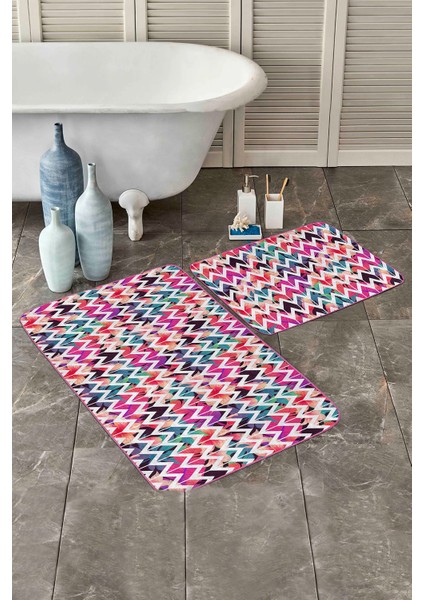 Renkli Tropik Yaprak Zigzag Motifli 2'li Kaymaz Tabanlı Banyo & Mutfak Paspas Takımı modelleri