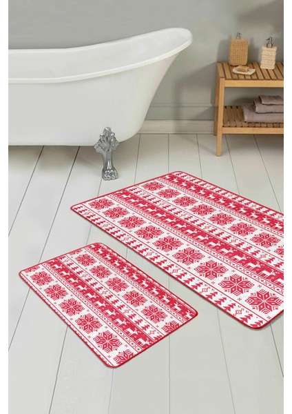 Mery Christmas Temalı Özel Tasarım 2'li Kaymaz Tabanlı Banyo & Mutfak Paspas Takımı