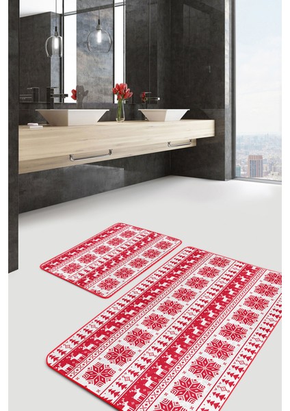 Mery Christmas Temalı Özel Tasarım 2'li Kaymaz Tabanlı Banyo & Mutfak Paspas Takımı fiyatları