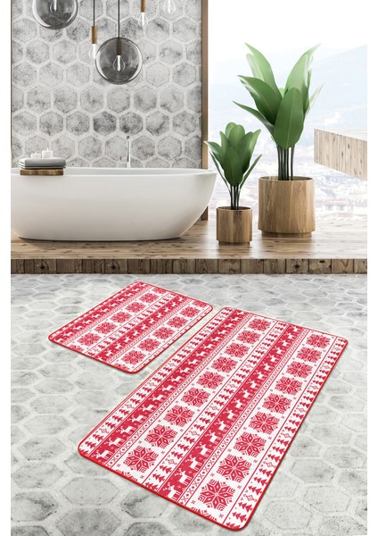 Mery Christmas Temalı Özel Tasarım 2'li Kaymaz Tabanlı Banyo & Mutfak Paspas Takımı modelleri
