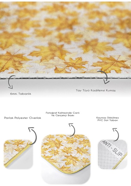 Gold Detaylı Sonbahar Yaprakları Dijital Baskılı 2'li Kaymaz Tabanlı Banyo & Mutfak Paspas Takımı