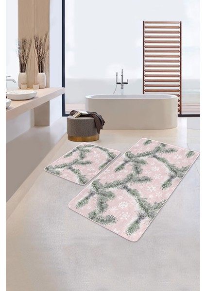 Pembe Zemin Çam Yaprakları Kar Taneleri 2'li Kaymaz Tabanlı Banyo & Mutfak Paspas Takımı modelleri