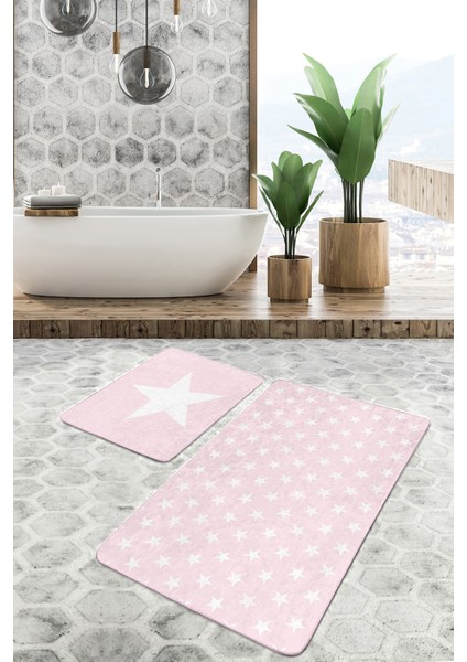 Pembe Zemin Yıldız Temalı 2'li Kaymaz Tabanlı Banyo & Mutfak Paspas Takımı modelleri