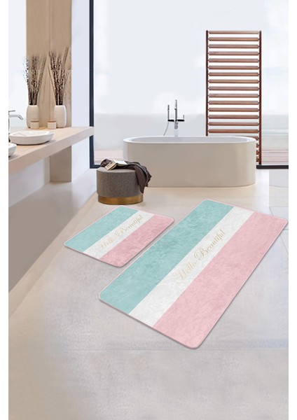 Soft Renkli Hello Beatiful Temalı 2'li Kaymaz Tabanlı Banyo & Mutfak Paspas Takımı