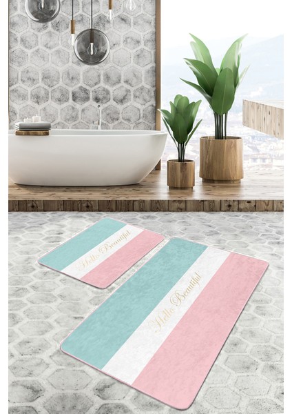 Soft Renkli Hello Beatiful Temalı 2'li Kaymaz Tabanlı Banyo & Mutfak Paspas Takımı fiyatları
