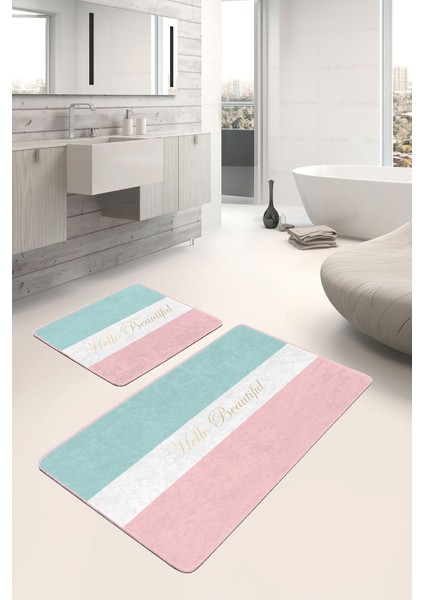 Soft Renkli Hello Beatiful Temalı 2'li Kaymaz Tabanlı Banyo & Mutfak Paspas Takımı modelleri