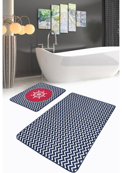 Lacivert Zigzag Tasarımlı Dümen Motifli 2'li Kaymaz Tabanlı Banyo & Mutfak Paspas Takımı modelleri