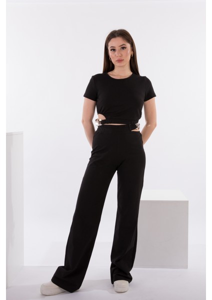 Zincir Detaylı Kısa Kol Eşofman Takımı Siyah - Meggy Serisi