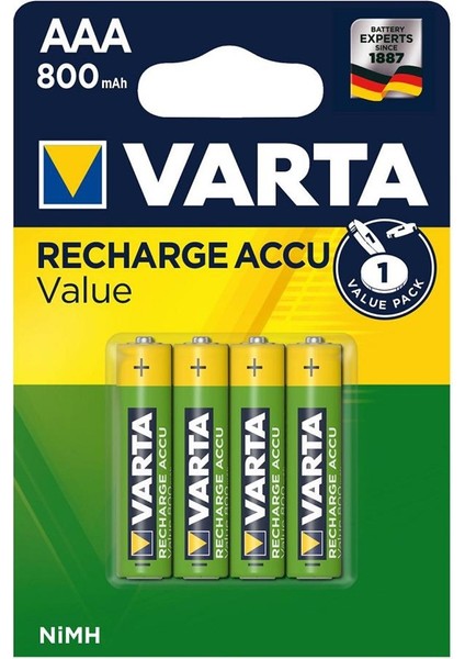 56613 Value 800MAH Aaa Şarj Edilebilir Ince Kalem Pil 4'lü Paket