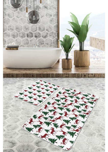Yılbaşı Temalı Geyik Çam Ağacı Ekose Motifli 2'li Kaymaz Tabanlı Banyo & Mutfak Paspas Takımı